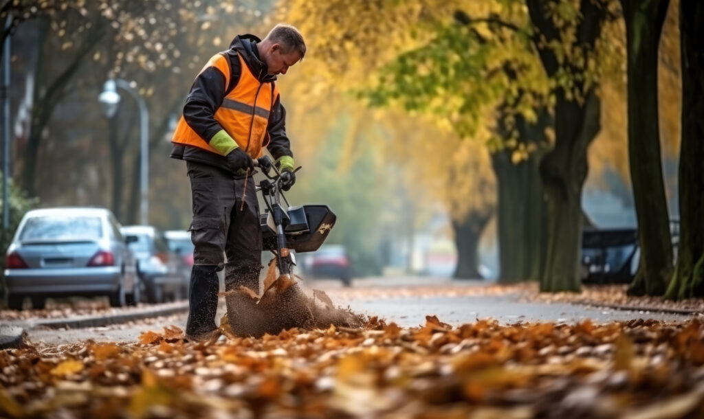 A professional in a safety vest operates a leaf blower at a residential property