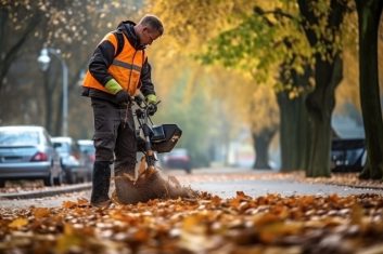 A man in an orange vest is using a leaf blower